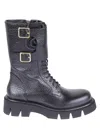 Paloma Barceló Hammered Leather Combat Boots With Side Zip And Buckle Straps In Black