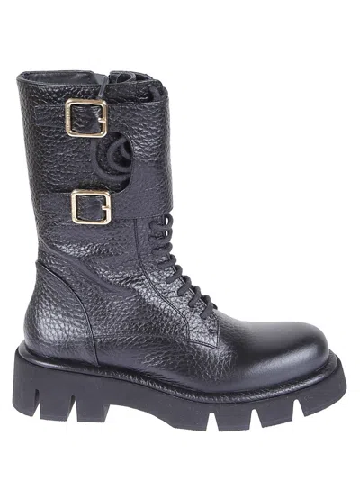 Paloma Barceló Hammered Leather Combat Boots With Side Zip And Buckle Straps In Black