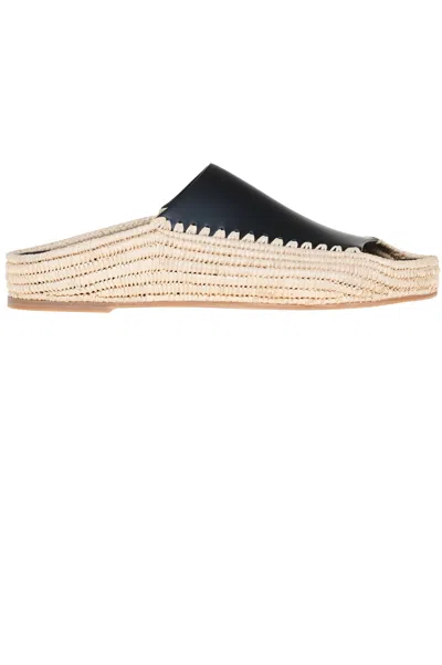 Paloma Barceló Leather And Raffia Slides In Black
