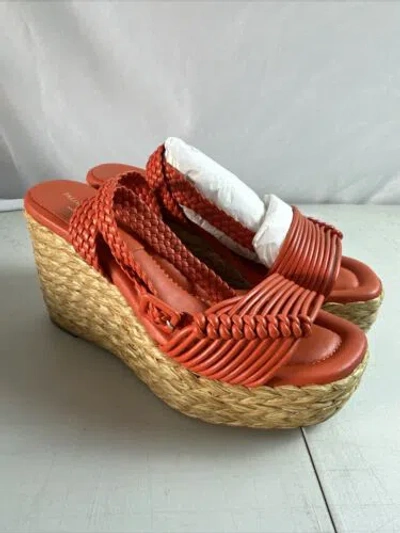 Pre-owned Paloma Barceló Paloma Barcelo Masie Braided Raffia /leather Espadrille Wedge Sandals Eu37/us6.5 In Red