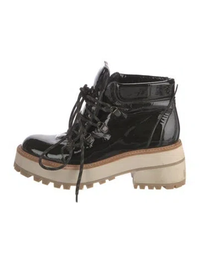 Pre-owned Paloma Barceló Patent Leather Colorblock Pattern Combat Boots In Black