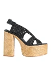 Paloma Barceló Woman Sandals Black Size 7 Leather, Natural Raffia