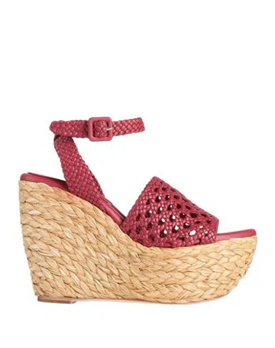 Paloma Barceló Woman Sandals Brick Size 9.5 Leather, Natural Raffia In Red