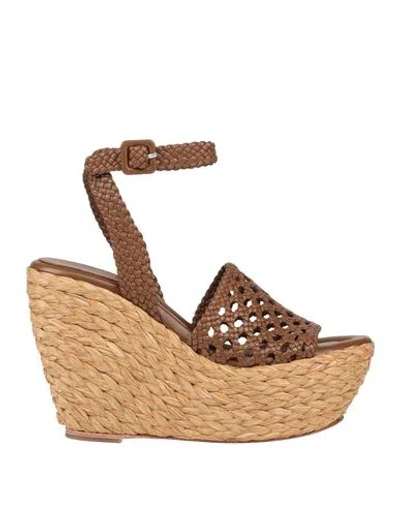 Paloma Barceló Woman Sandals Brown Size 9.5 Leather, Natural Raffia
