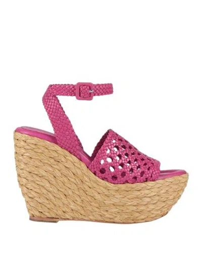 Paloma Barceló Woman Sandals Fuchsia Size 9 Leather, Natural Raffia In Pink