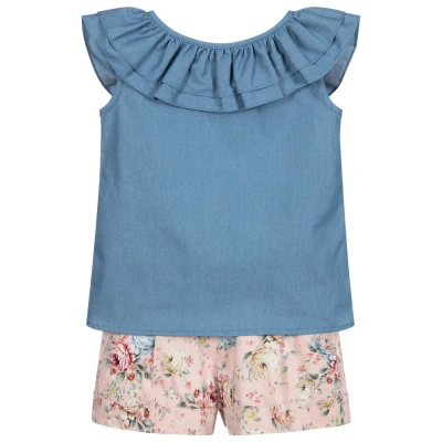 Paloma De La O Babies'  Girls Blue Blouse & Pink Shorts Set