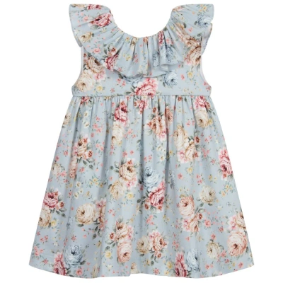Paloma De La O Babies'  Girls Blue Floral Cotton Dress