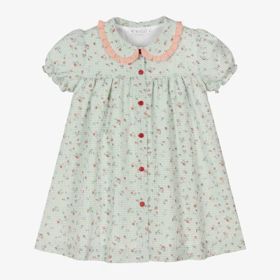 Paloma De La O Babies'  Girls Green Cotton Gingham Floral Dress