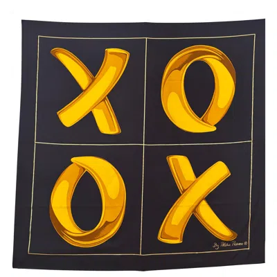 Pre-owned Paloma Picasso "xoxo" Black And Gold Silk Scarf Italy