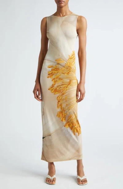 Paloma Wool Fortunata Flower Print Semisheer Sleeveless Dress In Ecru