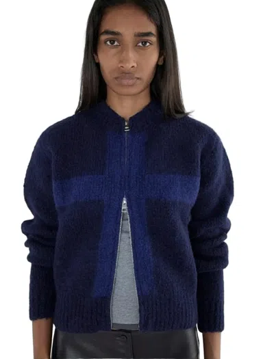 Paloma Wool Fuzzy Texture Zip-up Cardigan With Cross Pattern In Blue