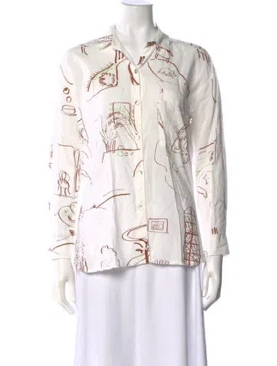 Pre-owned Paloma Wool Graphic Print Long Sleeve Button-up Top In White