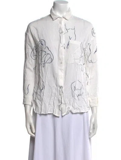 Pre-owned Paloma Wool Graphic Print Three-quarter Sleeve Button-up Top In White