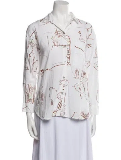 Pre-owned Paloma Wool Printed Three-quarter Sleeve Button-up Top In White
