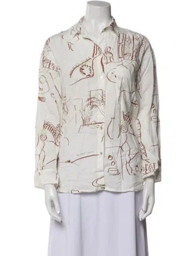Pre-owned Paloma Wool Printed Three-quarter Sleeve Button-up Top In White