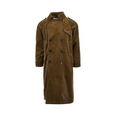 Paltò Corduroy Double-breasted Long Coat In Khaki