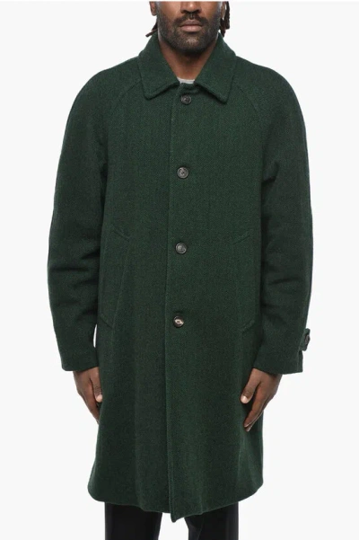 Paltò Herringbone Wool Blend Coat With Flush Pockets In Green