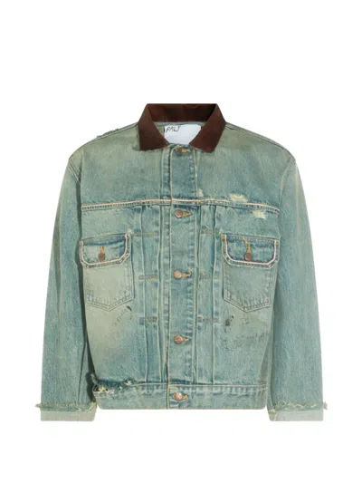 Paly Buffalo 66 Distressed Leather-collar Denim Jacket In Blue
