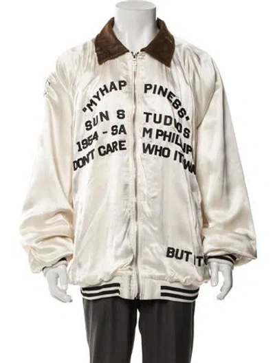 Pre-owned Paly Hollywood Elvis Satin Graphic Print Bomber Jacket W/ Tags In Neutrals