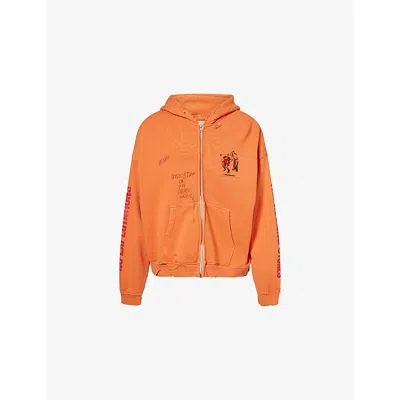 Paly Hollywood Mens Orange Distressed Logo-print Cotton Hoodie Xs