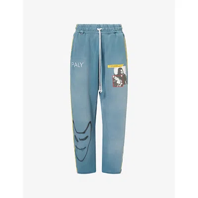 Paly Hollywood Mens Turquoise Streetwise Airbrush Straight-leg Cotton Jogging Bottoms In Blue