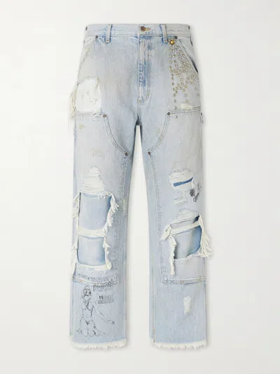 Paly Hollywood Straight-leg Distressed Studded Jeans In Blue