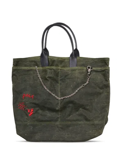 Paly U Broke Me Waxed Canvas Chain-detail Tote Bag In Green