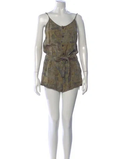 Pre-owned Pam & Gela Floral Print V-neck Romper In Green