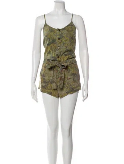 Pre-owned Pam & Gela Floral Print V-neck Romper W/ Tags In Green
