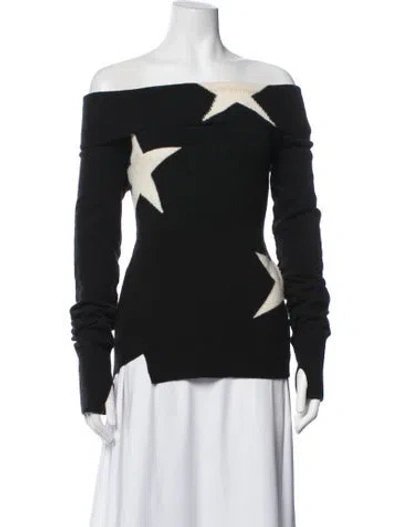 Pre-owned Pam & Gela Graphic Print Off-the-shoulder Sweater In Black