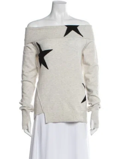 Pre-owned Pam & Gela Graphic Print Off-the-shoulder Sweater In White