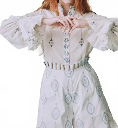 Pamela Stevenson Abel Button Down Blouse In White/blue Multi