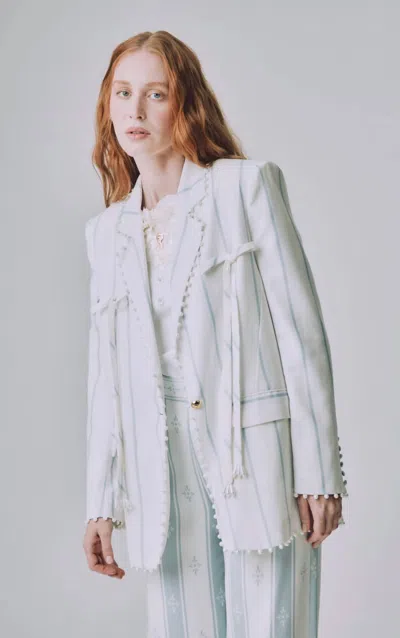 Pamela Stevenson Donna Pearl Trimmed Blazer In Striped Blue In Multi