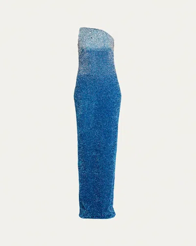 Pamella Roland Asymmetric Neckline Ombre Signature Sequined Gown In Blue