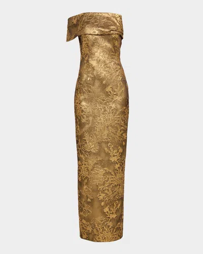 Pamella Roland Asymmetric Off-the-shoulder Metallic Jacquard Gown In Gold