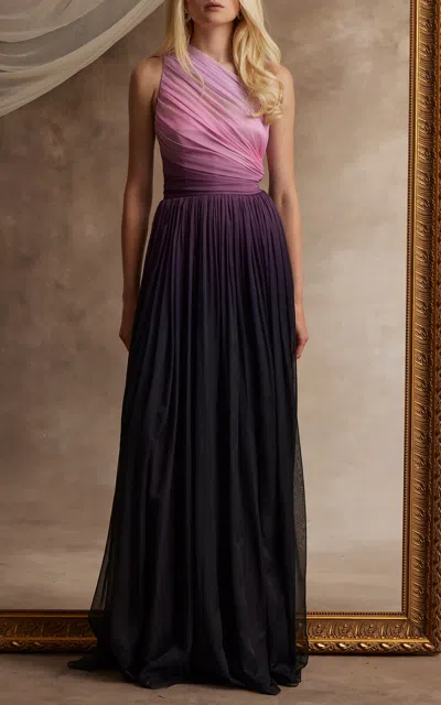Pamella Roland Asymmetric Ombre Chiffon Gown In Purple