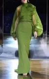 Pamella Roland Balloon-sleeve Organza & Crepe Gown In Olive