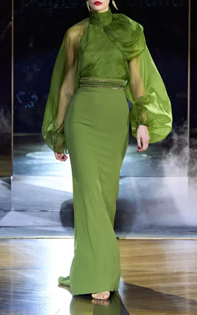 Pamella Roland Balloon-sleeve Organza & Crepe Gown In Olive