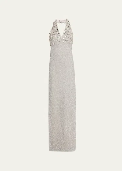 Pamella Roland Beaded Halter Gown With Crystal Embellishment In Silver