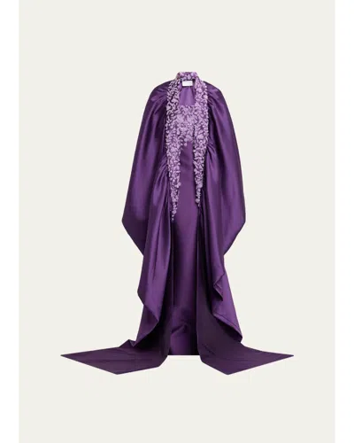 Pamella Roland Beaded Mikado Silk Asymmetric Cape In Animal Print