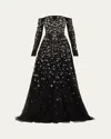 Pamella Roland Beaded Pearly Off-the-shoulder Tulle Gown In Blackmulti