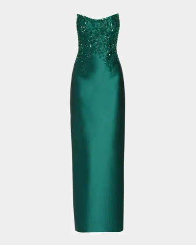 Pamella Roland Beaded Strapless Silk Column Gown In Green