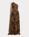 Pamella Roland Brown Multi Leopard Chiffon Cape Sleeve Gown With Embroidered Belt