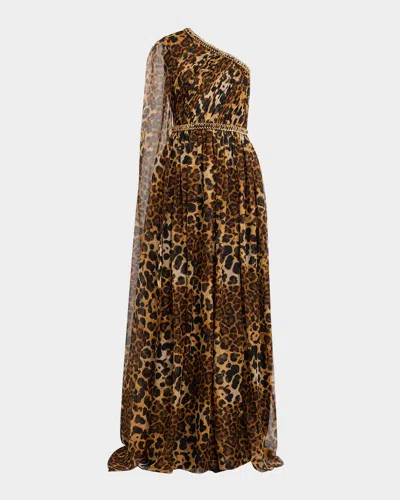 Pamella Roland Brown Multi Leopard Chiffon Cape Sleeve Gown With Embroidered Belt