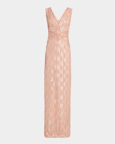 PAMELLA ROLAND COLUMN BEAD SEQUINED TULLE GOWN