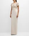 PAMELLA ROLAND CREPE COLUMN GOWN WITH EMBROIDERED SATIN RIBBON BODICE