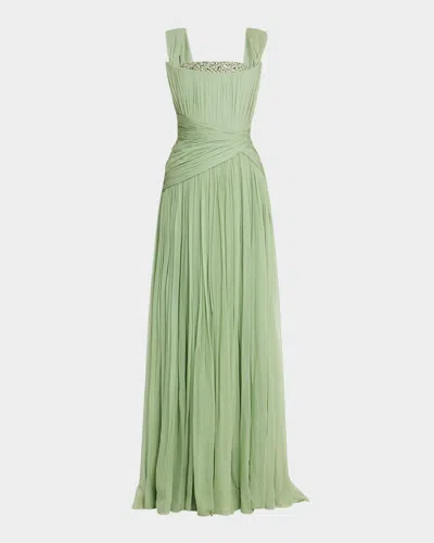 Pamella Roland Crystal Drape Sage Chiffon Slit Gown