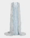 Pamella Roland Crystal Feather Embroidered Tulle Caped Gown In Blue