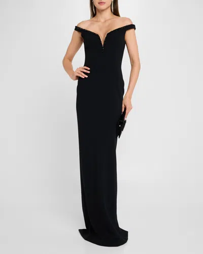 PAMELLA ROLAND CRYSTAL OFF-THE-SHOULDER CREPE GOWN