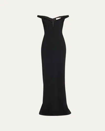 PAMELLA ROLAND CRYSTAL OFF-THE-SHOULDER CREPE GOWN